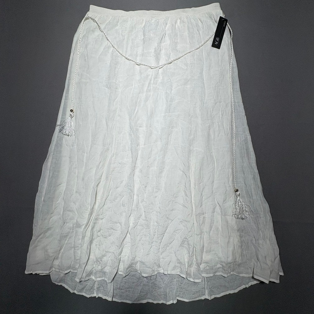 AGB Woman Off White Crinkle Gauze Maxi Skirt Tassel Drawstring 2X 3492W5D